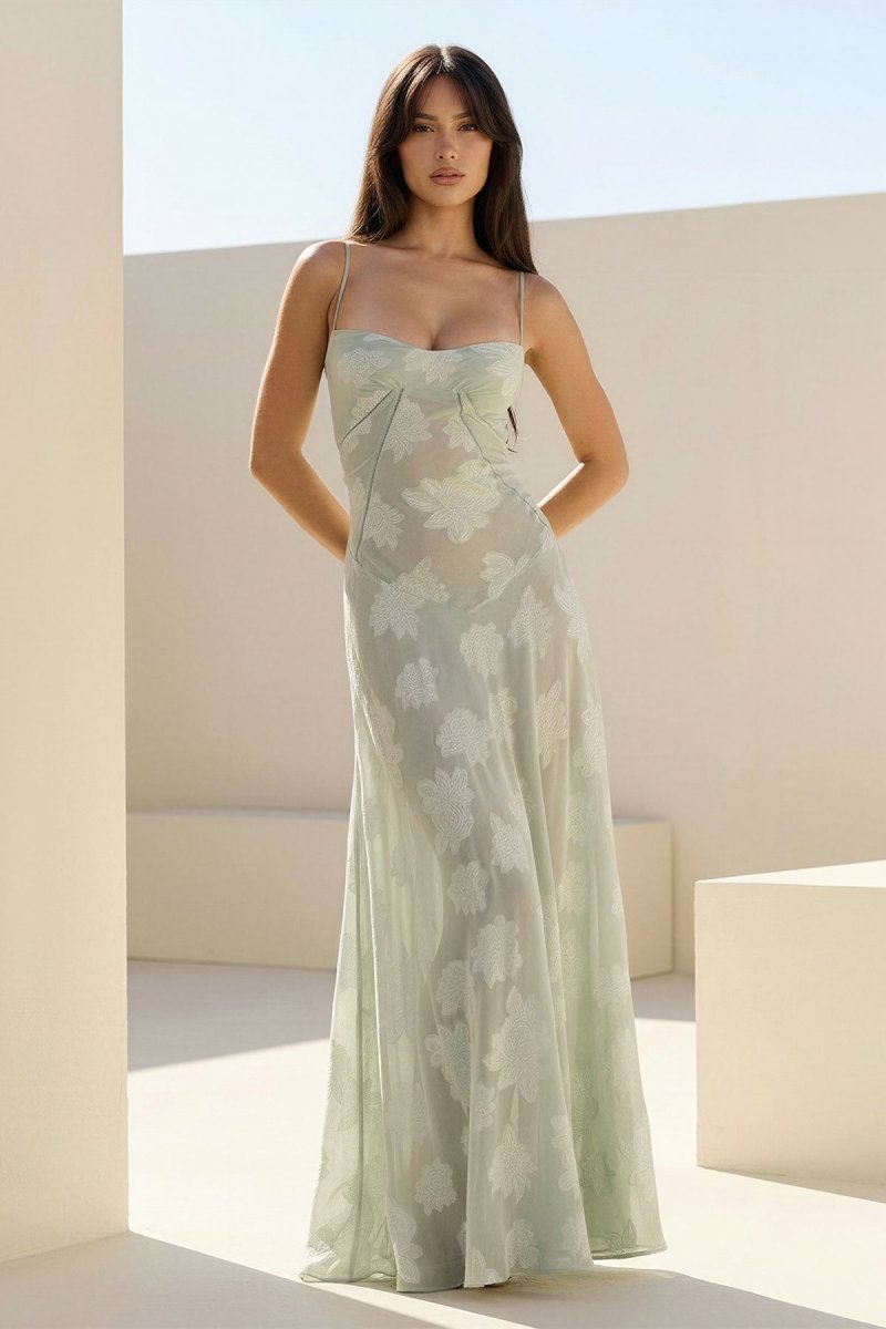 Pink Sheath Satin Floral Spaghetti Straps Long Prom Dresses