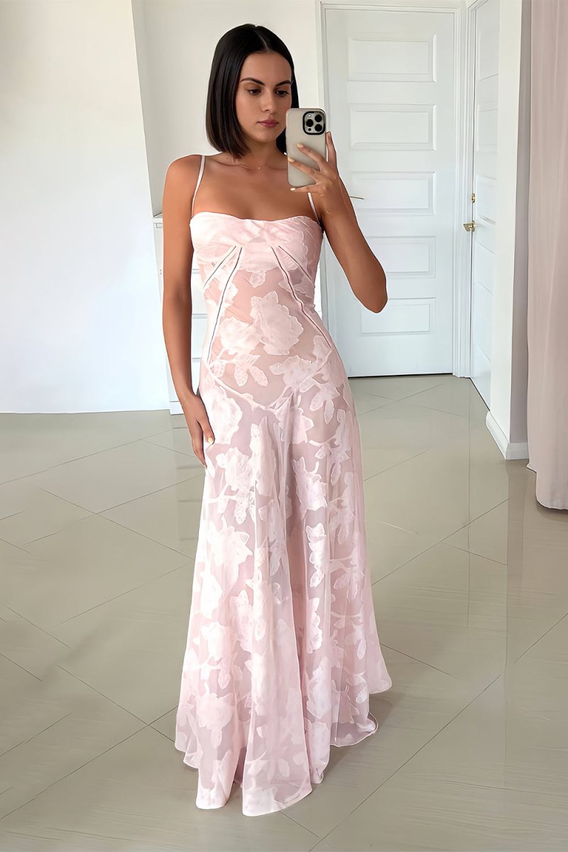 Pink Sheath Satin Floral Spaghetti Straps Long Prom Dresses