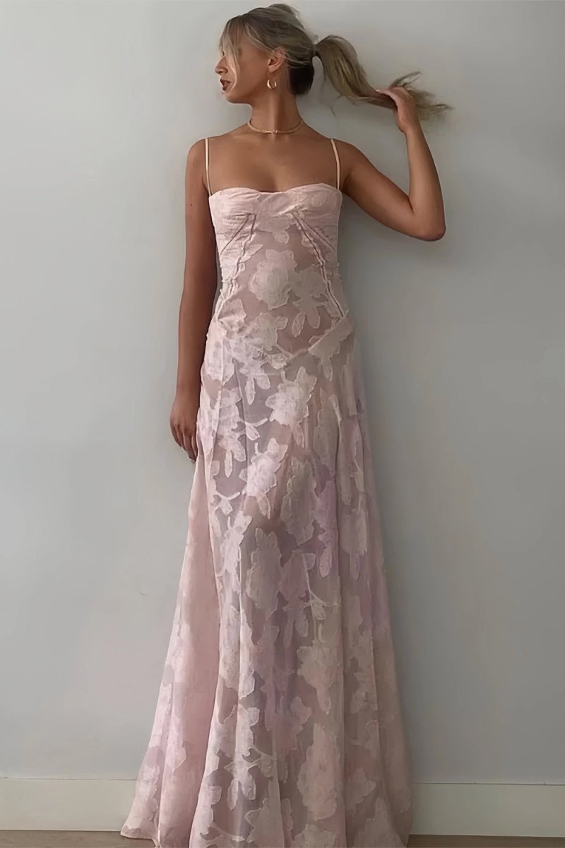 Pink Sheath Satin Floral Spaghetti Straps Long Prom Dresses