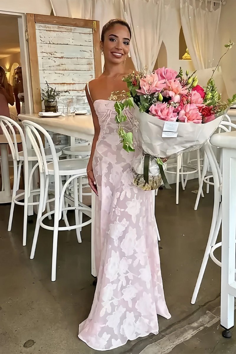 Pink Sheath Satin Floral Spaghetti Straps Long Prom Dresses