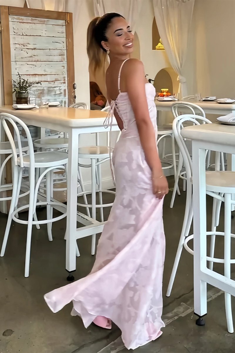 Pink Sheath Satin Floral Spaghetti Straps Long Prom Dresses