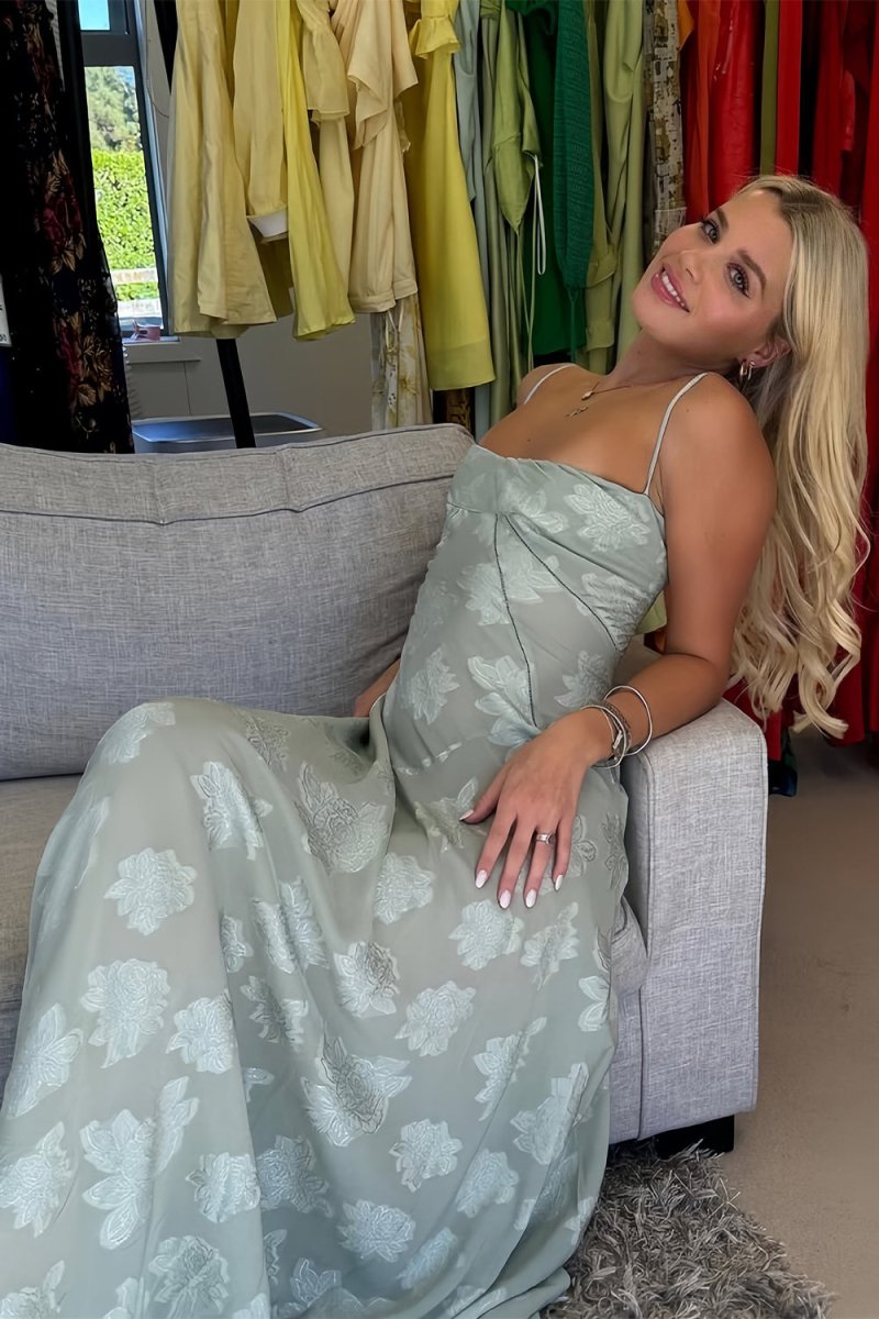 Pink Sheath Satin Floral Spaghetti Straps Long Prom Dresses