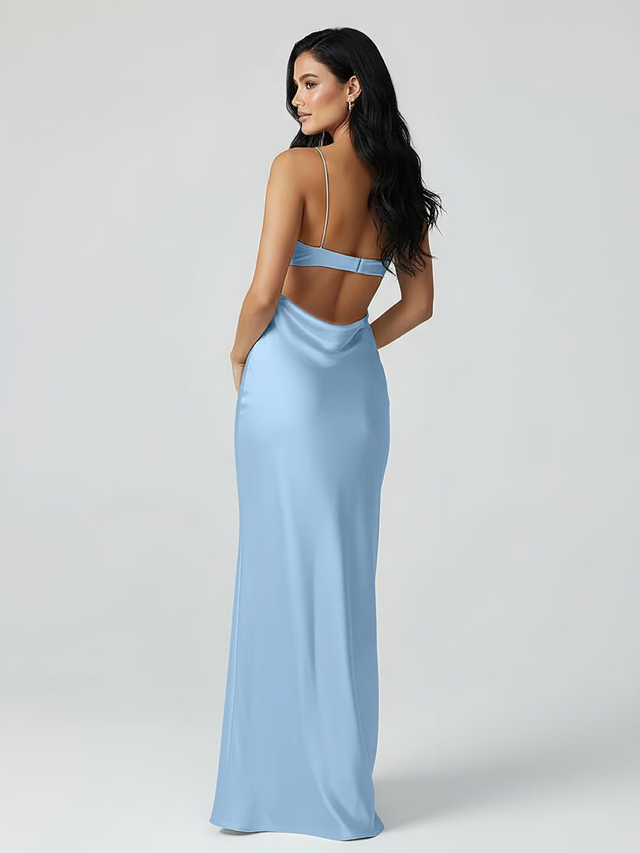 Spaghetti Straps Sheath Aqua Blue Prom Dress Formal Satin Party Dress