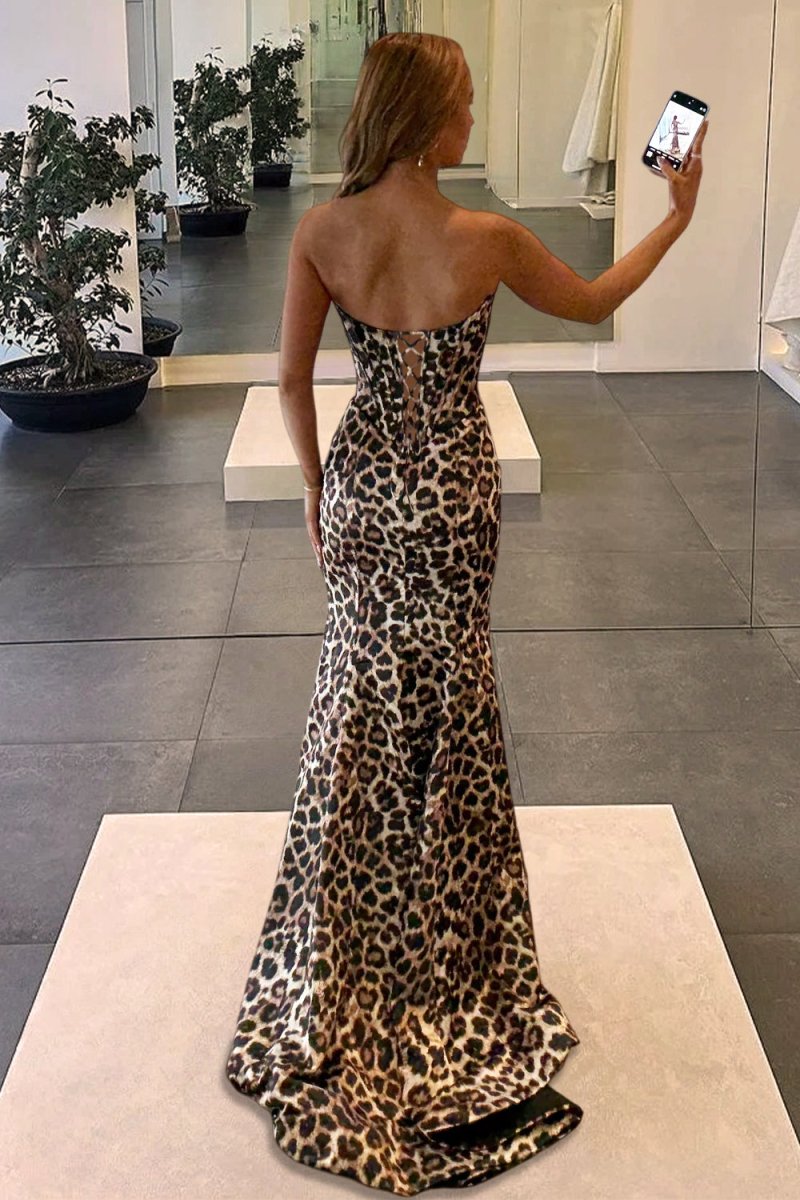 Leopard Sweetheart Mermaid Satin Long Formal Prom Dress With Beading