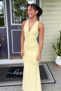 Pink Halter Mermaid Pleated Open Back Long Prom Dresses