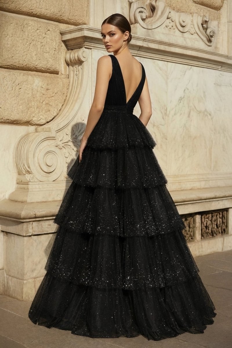 Lavender Tulle Sequin V-Neck Ruffle Tiered Long Prom Dress