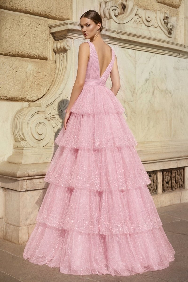 Lavender Tulle Sequin V-Neck Ruffle Tiered Long Prom Dress