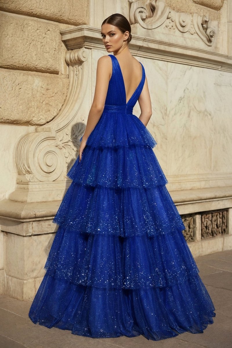 Lavender Tulle Sequin V-Neck Ruffle Tiered Long Prom Dress