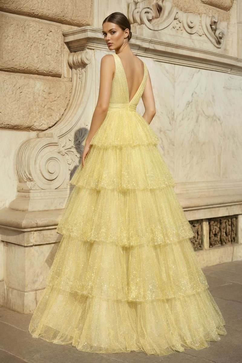 Lavender Tulle Sequin V-Neck Ruffle Tiered Long Prom Dress