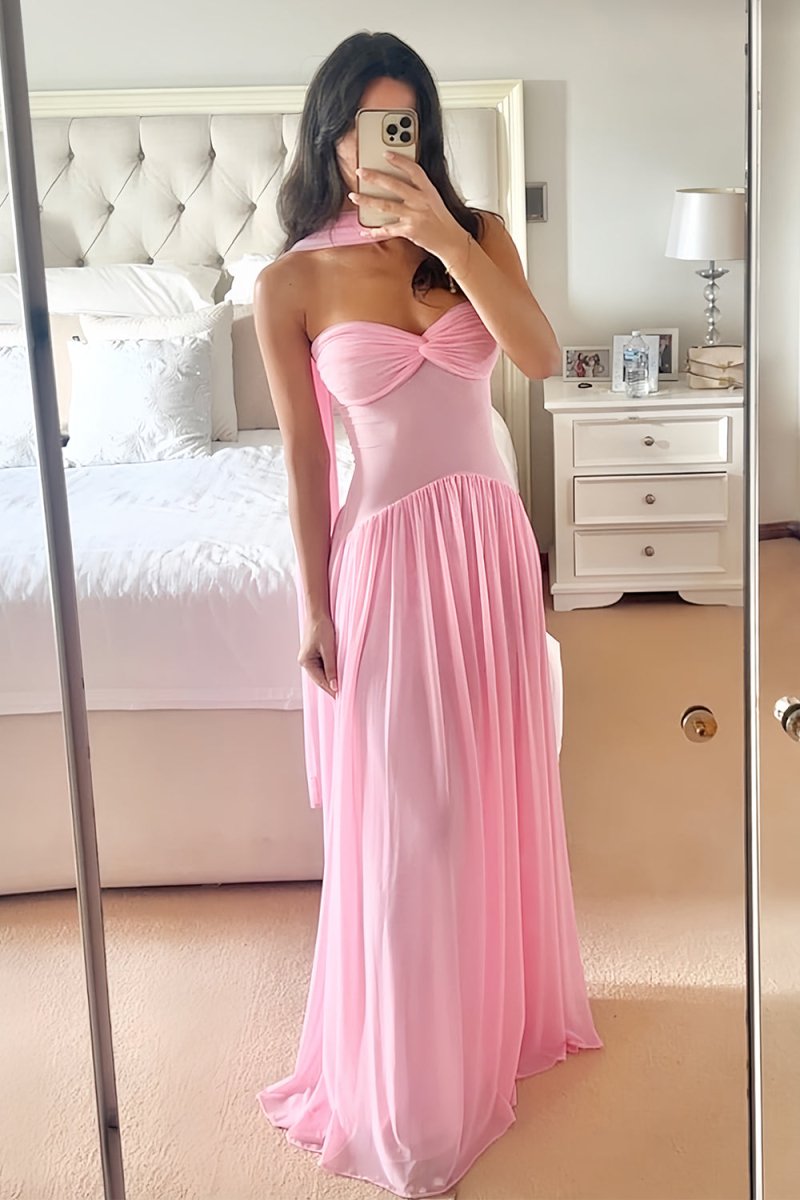 Pink Strapless A Line Chiffon Pleated Long Prom Dresses