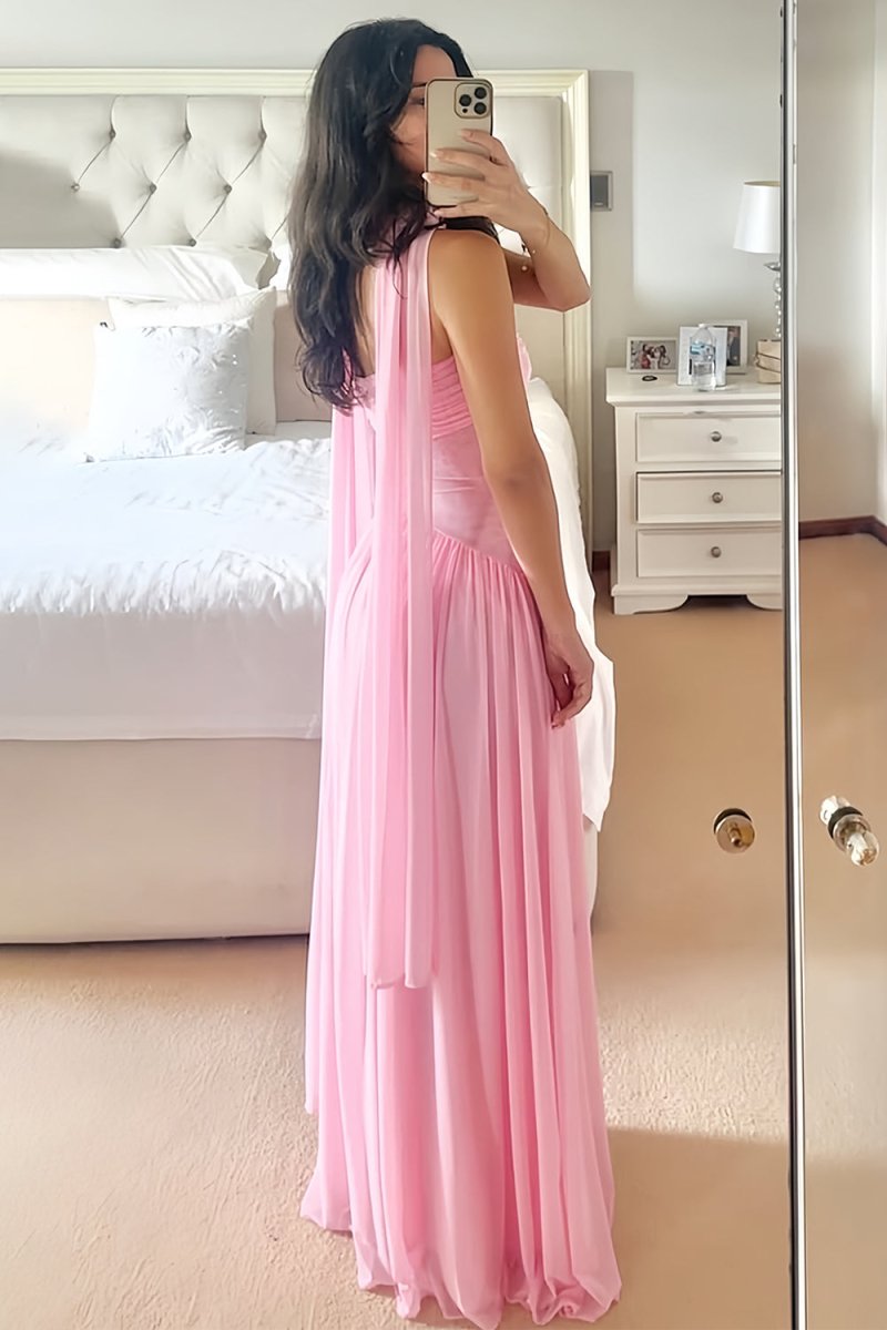 Pink Strapless A Line Chiffon Pleated Long Prom Dresses