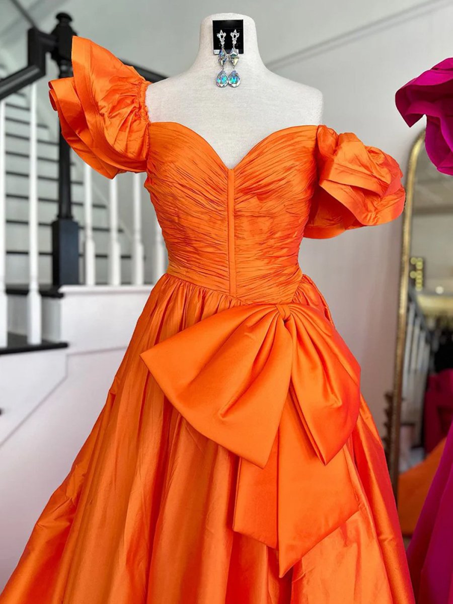 Orange Sweetheart Pleated A-Line Prom Dress With Bow