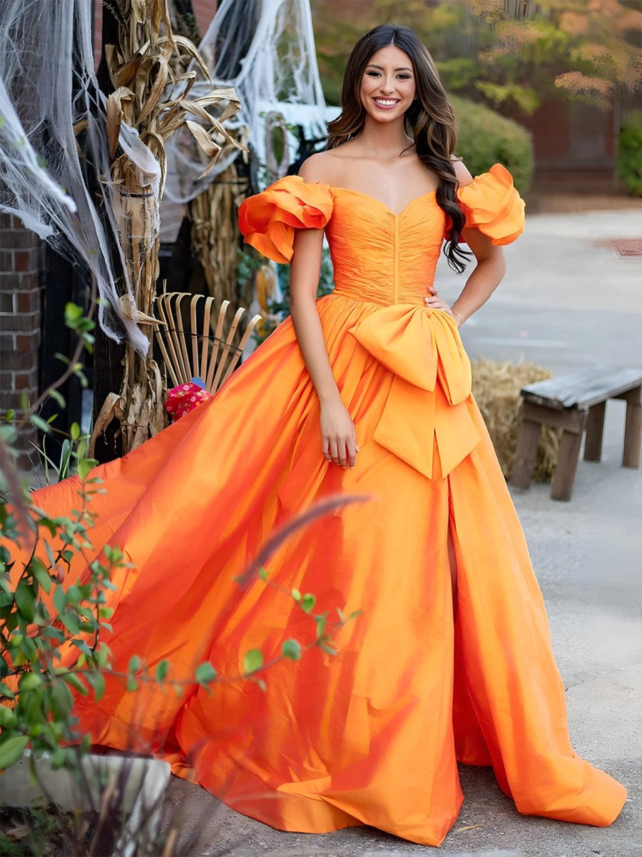 Orange Sweetheart Pleated A-Line Prom Dress With Bow