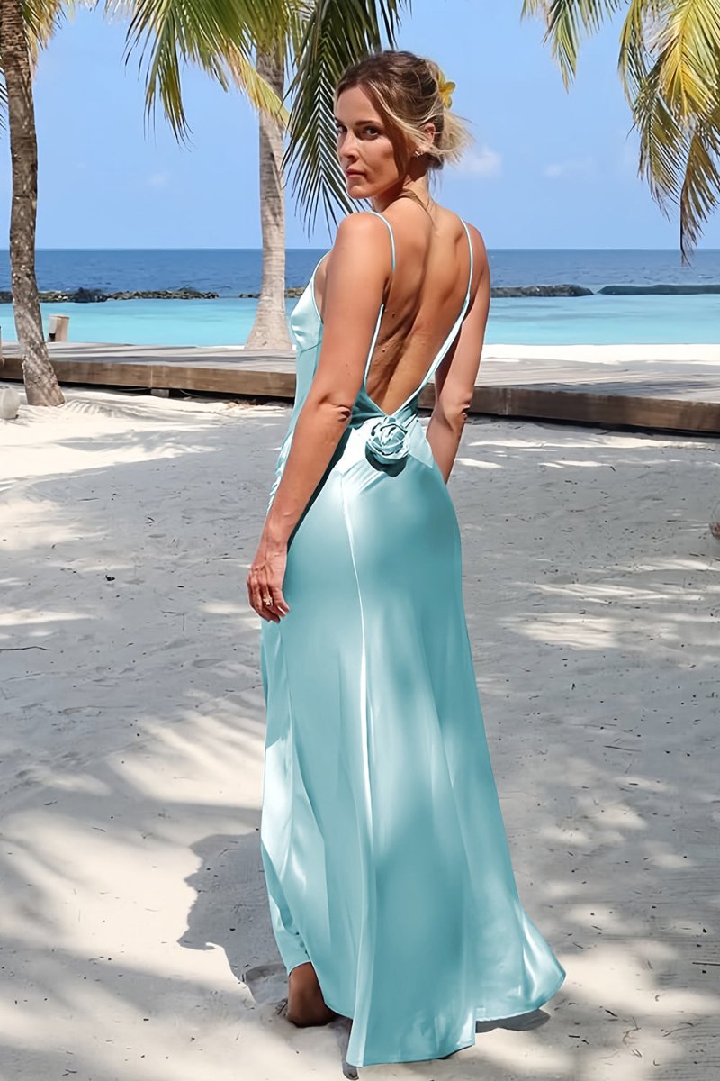 Sky Blue Spaghetti Straps Sheath Satin Backless Long Formal Prom Dresses With Flower