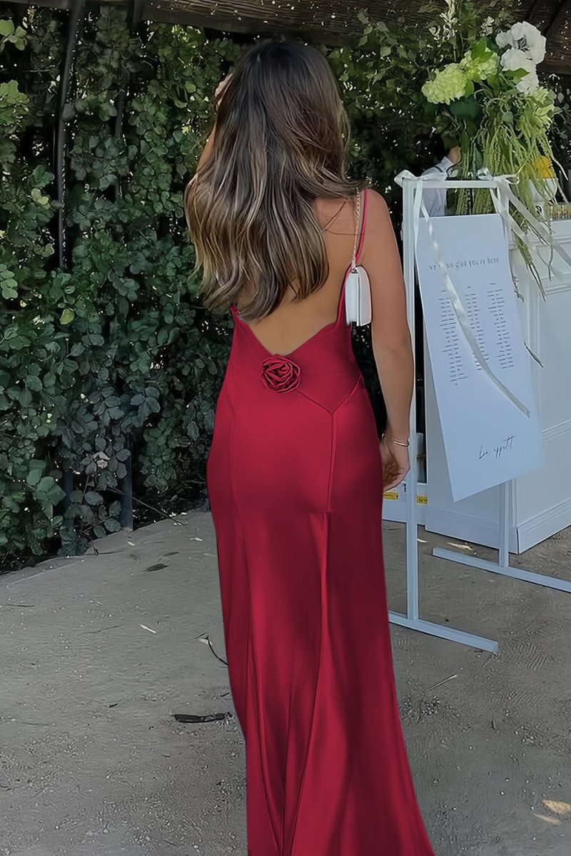 Sky Blue Spaghetti Straps Sheath Satin Backless Long Formal Prom Dresses With Flower