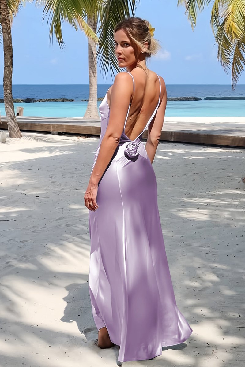 Sky Blue Spaghetti Straps Sheath Satin Backless Long Formal Prom Dresses With Flower