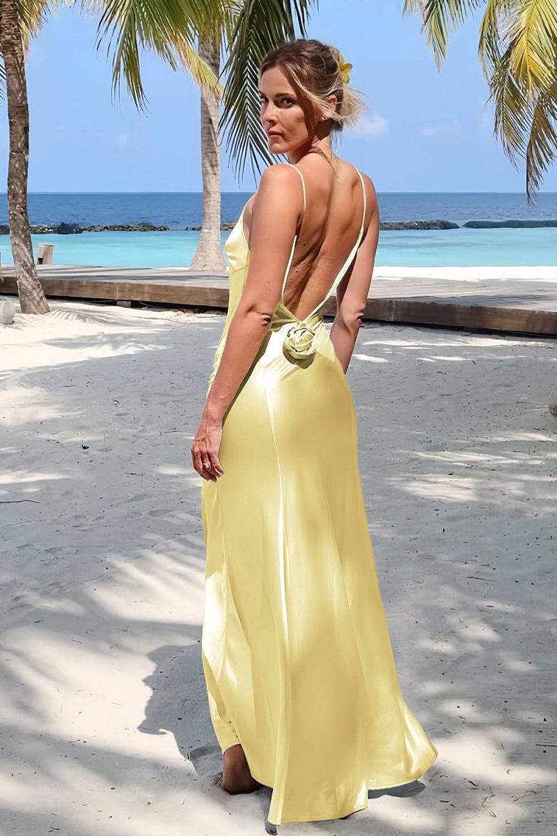 Sky Blue Spaghetti Straps Sheath Satin Backless Long Formal Prom Dresses With Flower
