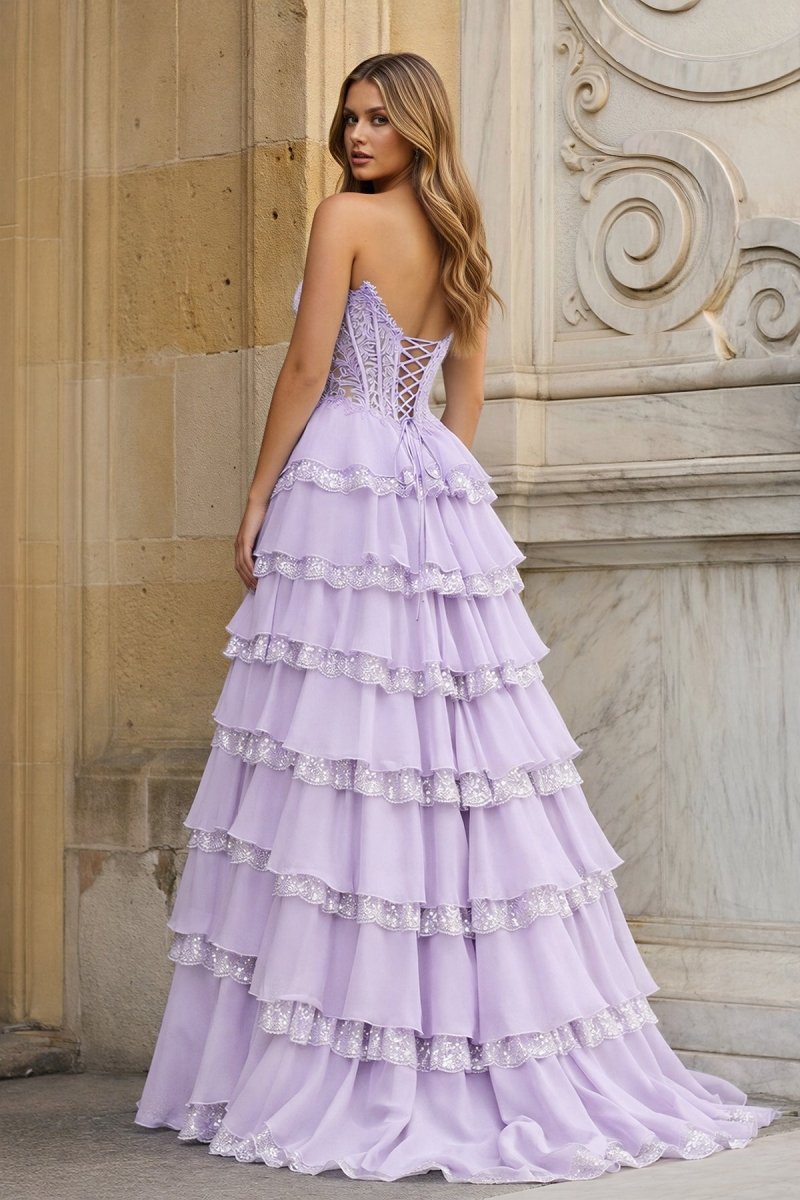 Sky Blue Sweetheart A Line Sequined Lace Ruffled Long Prom Dresses With Appliques