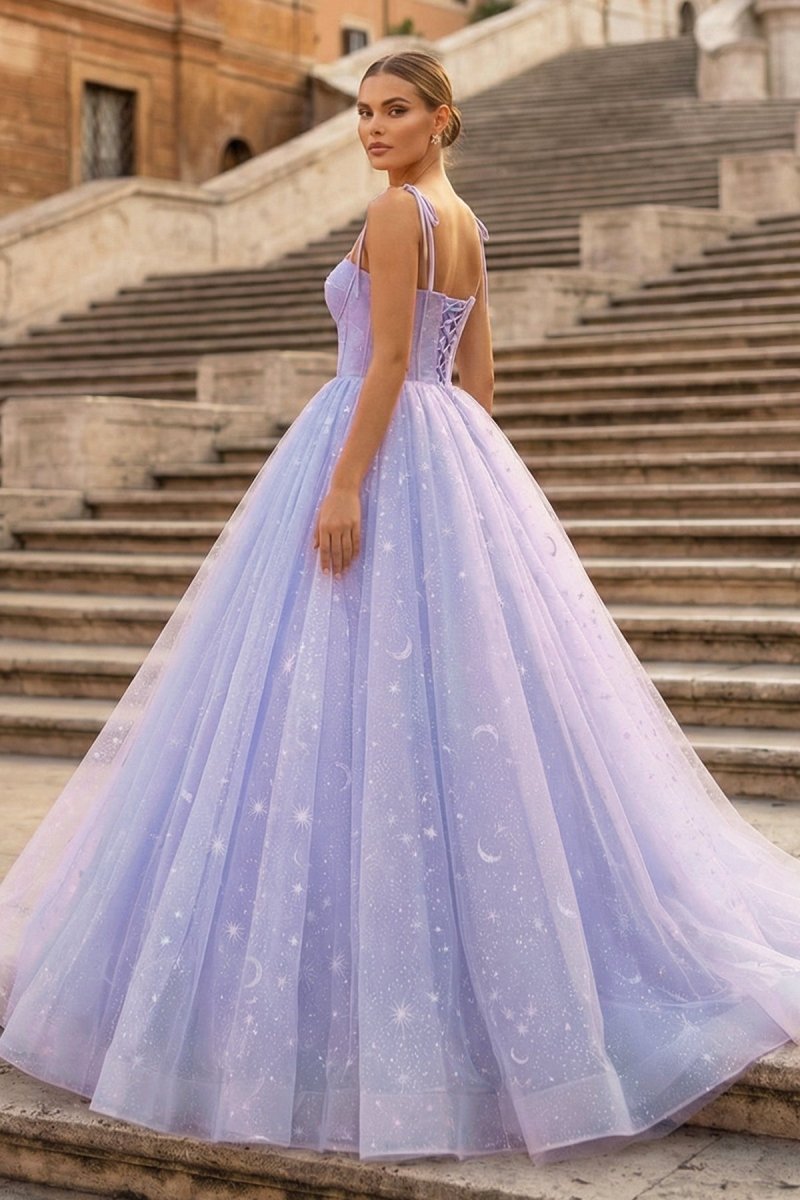 Lavender Tulle Straps Floor Length Evening Dress, Lavender A-Line Prom Dress