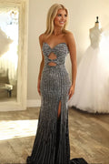 Black - Sweetheart Mermaid Satin Beaded Long Formal Prom Dresses With Cutout