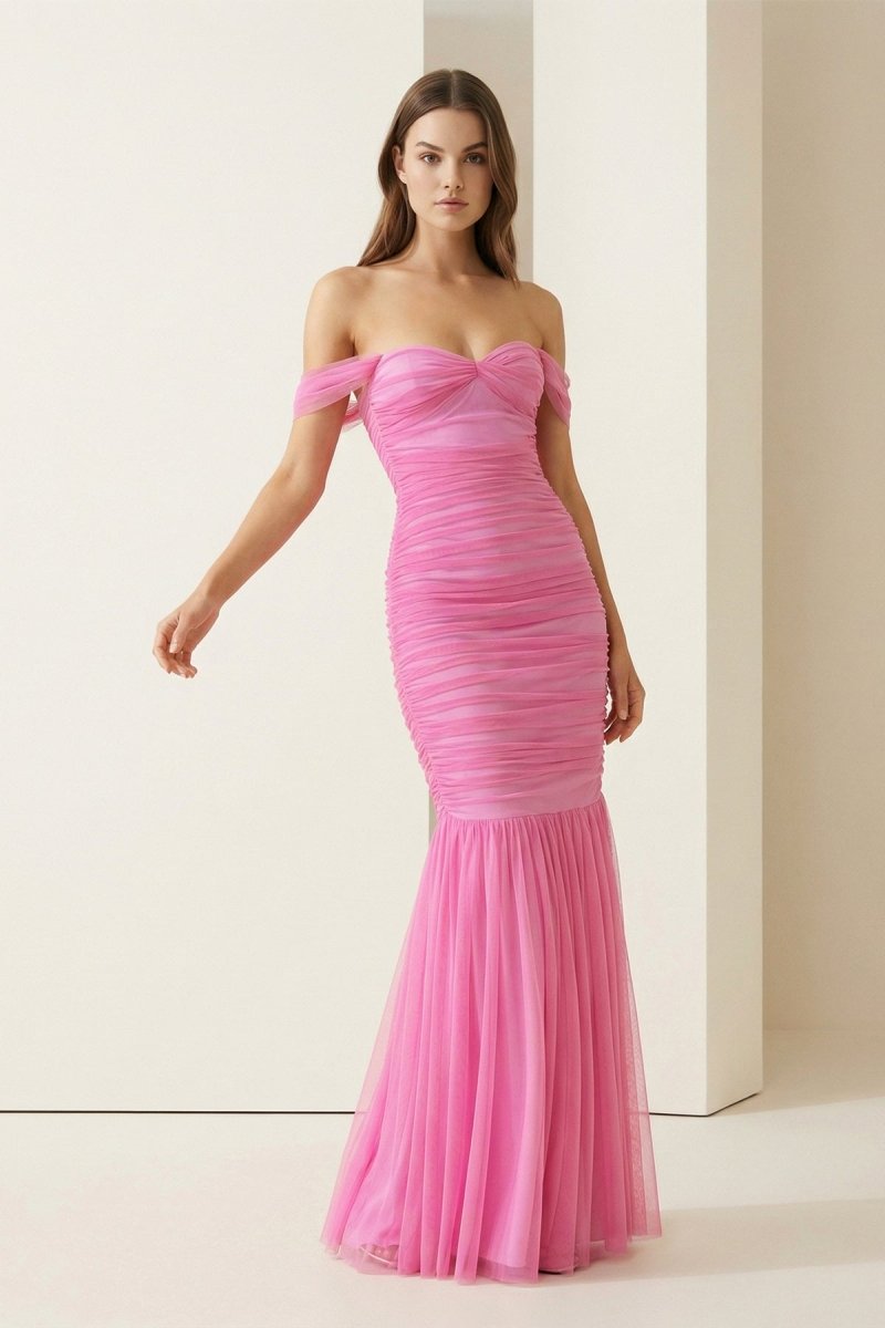 Off Shoulder Pink Ruched Long Prom Dress with Ruffle Hem