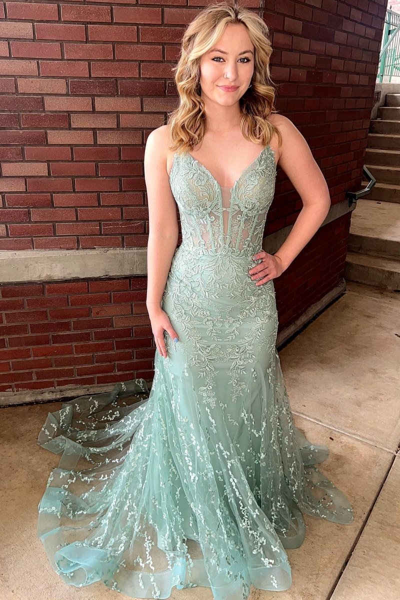Orange Lace Spaghetti Straps Mermaid Long Formal Dress