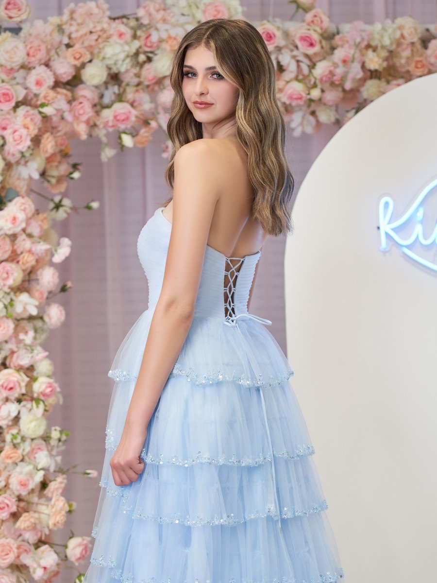 Sky Blue Strapless Layered Tulle Prom Dress with Sequins
