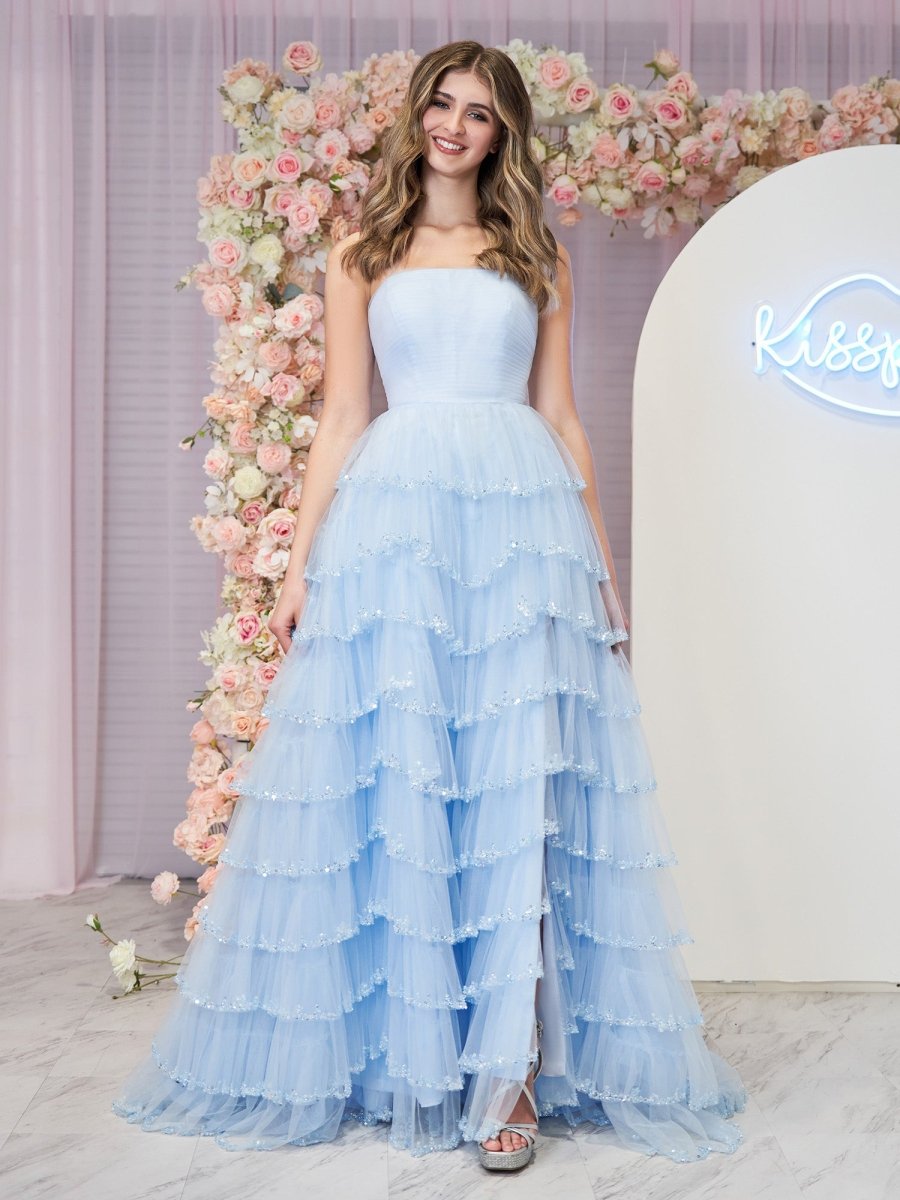 Sky Blue Strapless Layered Tulle Prom Dress with Sequins
