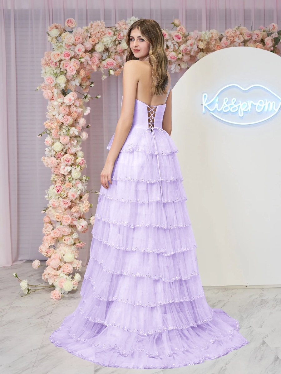 Sky Blue Strapless Layered Tulle Prom Dress with Sequins