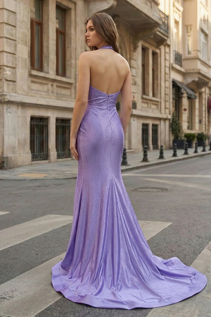 Lilac Halter Mermaid Beaded Satin Long Prom Dresses With Slit