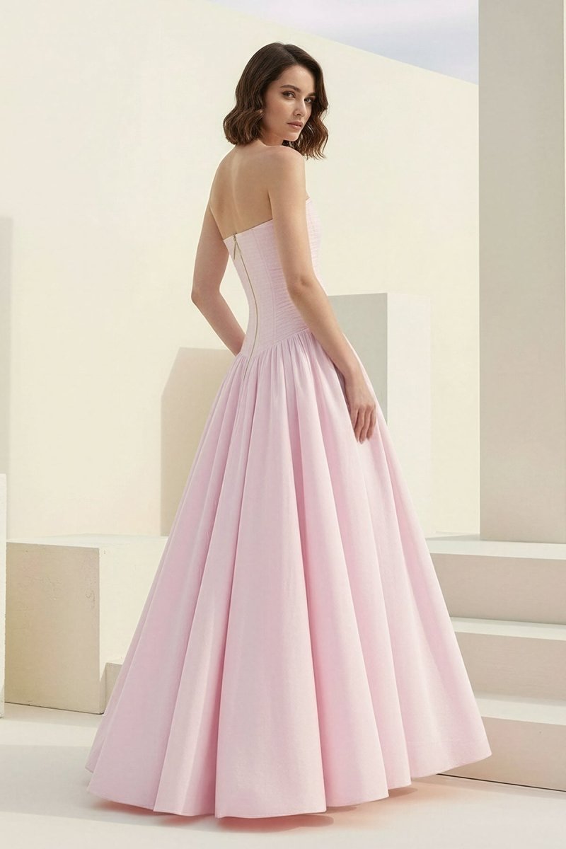 Pink - Strapless A Line Satin Pleated Prom Dresses With Slit