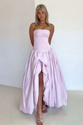 Pink - Strapless A Line Satin Pleated Prom Dresses With Slit