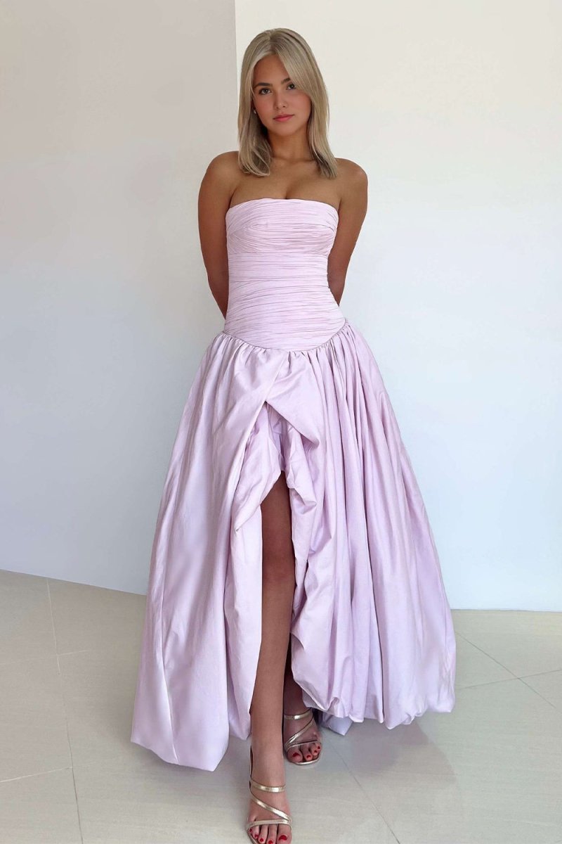 Pink - Strapless A Line Satin Pleated Prom Dresses With Slit