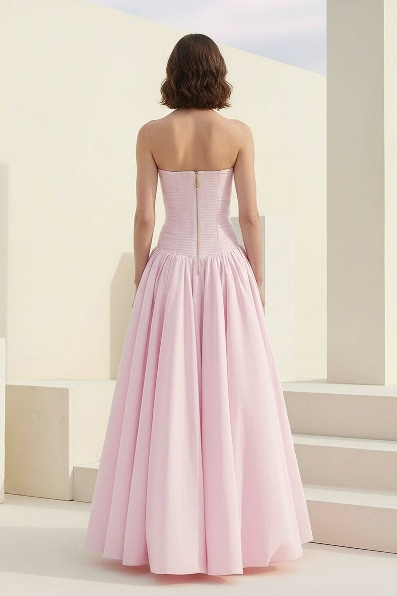 Pink - Strapless A Line Satin Pleated Prom Dresses With Slit