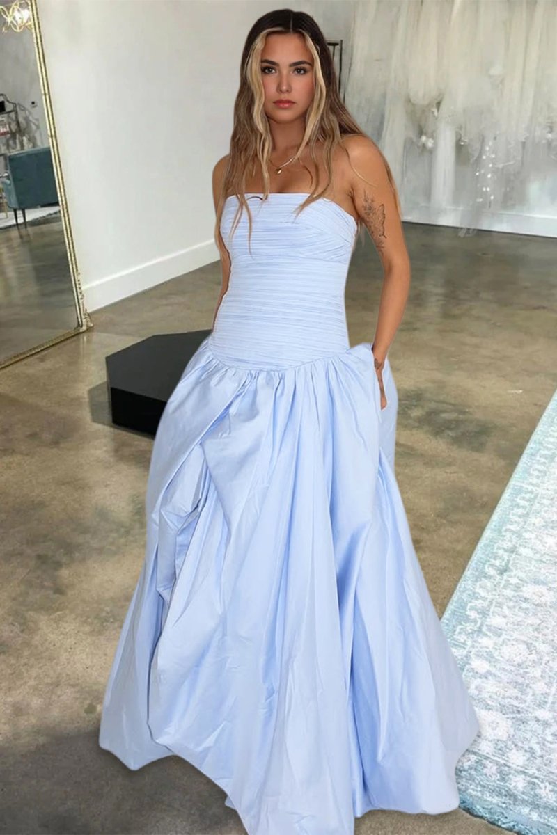 Sky Blue - Strapless A Line Satin Pleated Prom Dresses With Slit
