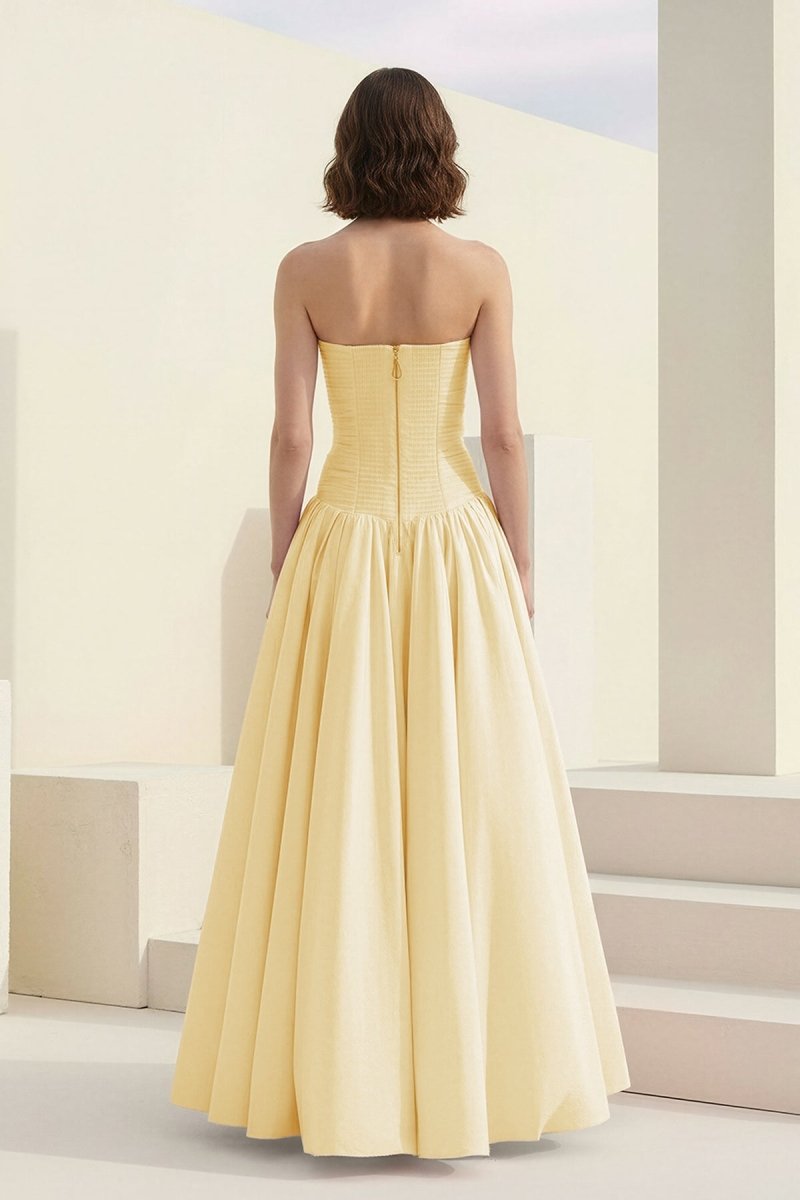 Yellow - Strapless A Line Satin Pleated Prom Dresses With Slit