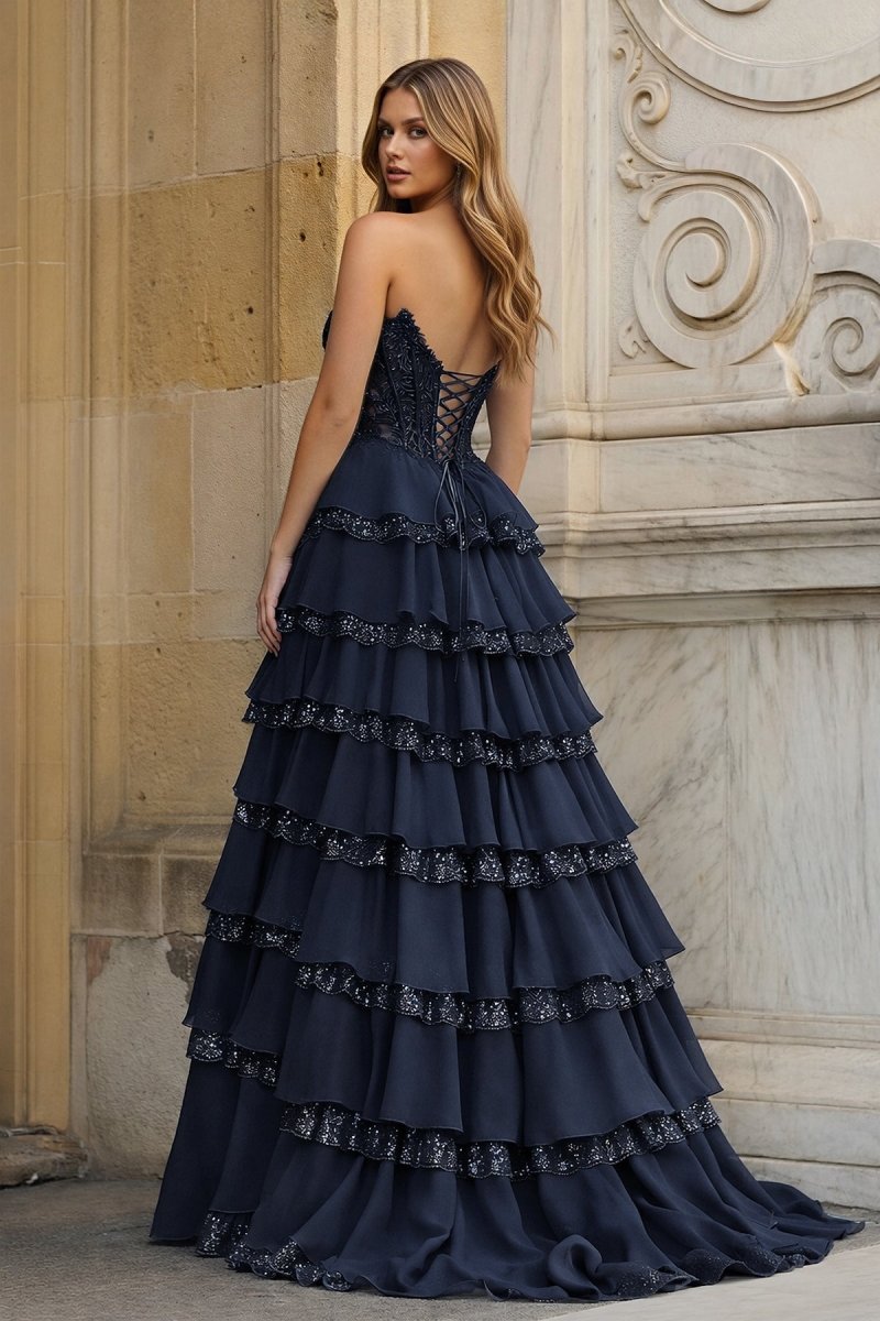 Sky Blue Sweetheart A Line Sequined Lace Ruffled Long Prom Dresses With Appliques