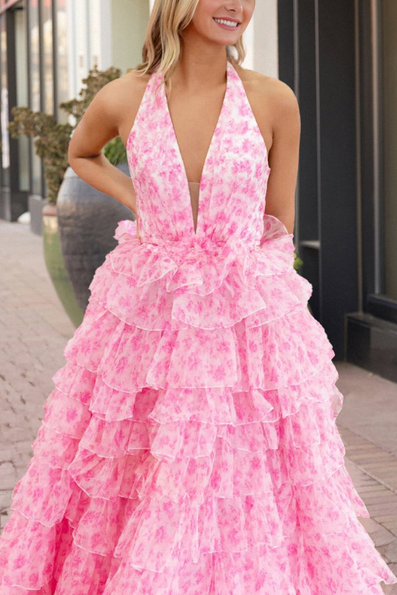 Pink Halter Tulle Printed Ruffle Tiered A Line Prom Dresses