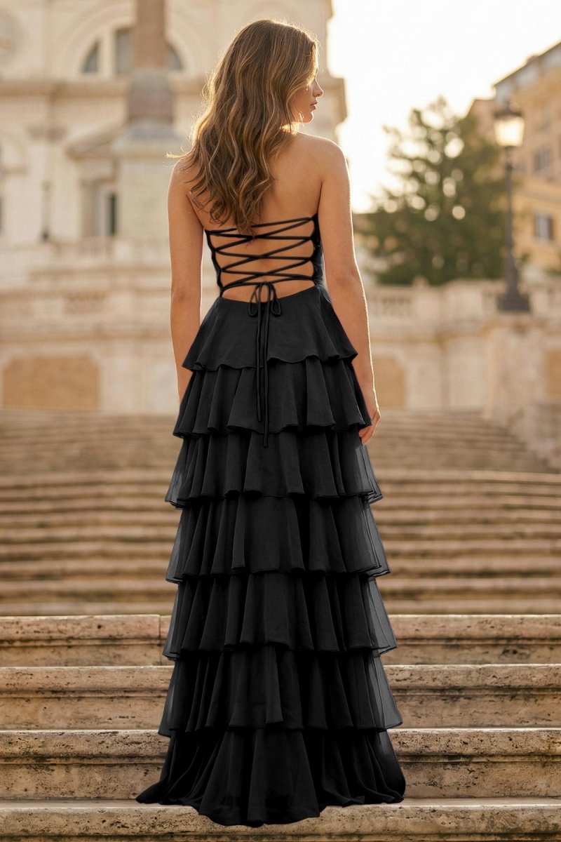 Purple Strapless A Line Chiffon Long Prom Dress With Ruffles