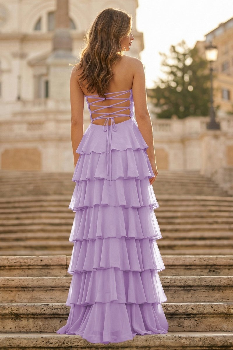 Purple Strapless A Line Chiffon Long Prom Dress With Ruffles