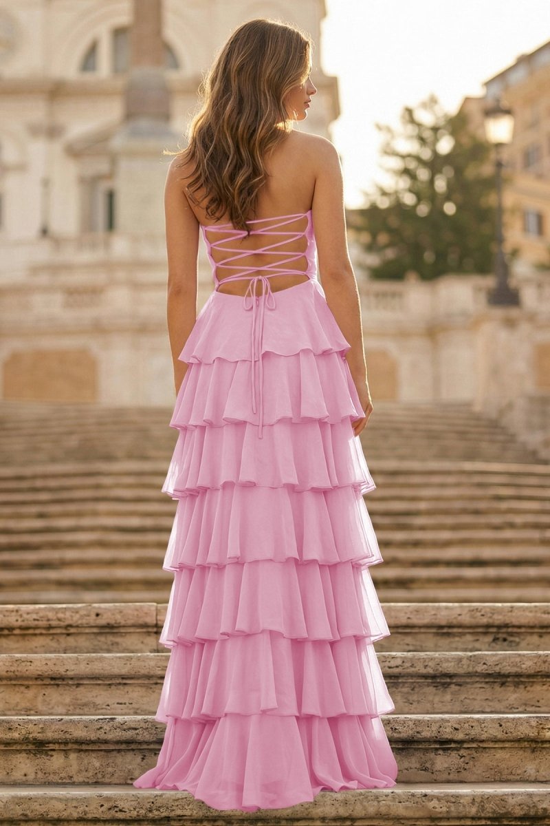 Purple Strapless A Line Chiffon Long Prom Dress With Ruffles