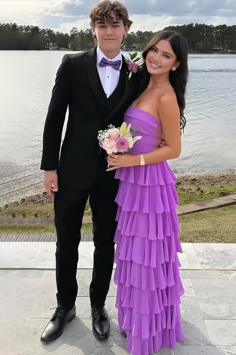Purple Strapless A Line Chiffon Long Prom Dress With Ruffles