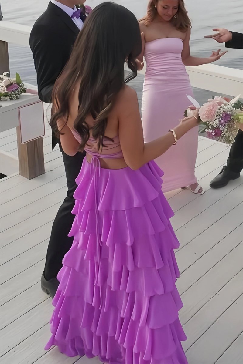 Purple Strapless A Line Chiffon Long Prom Dress With Ruffles