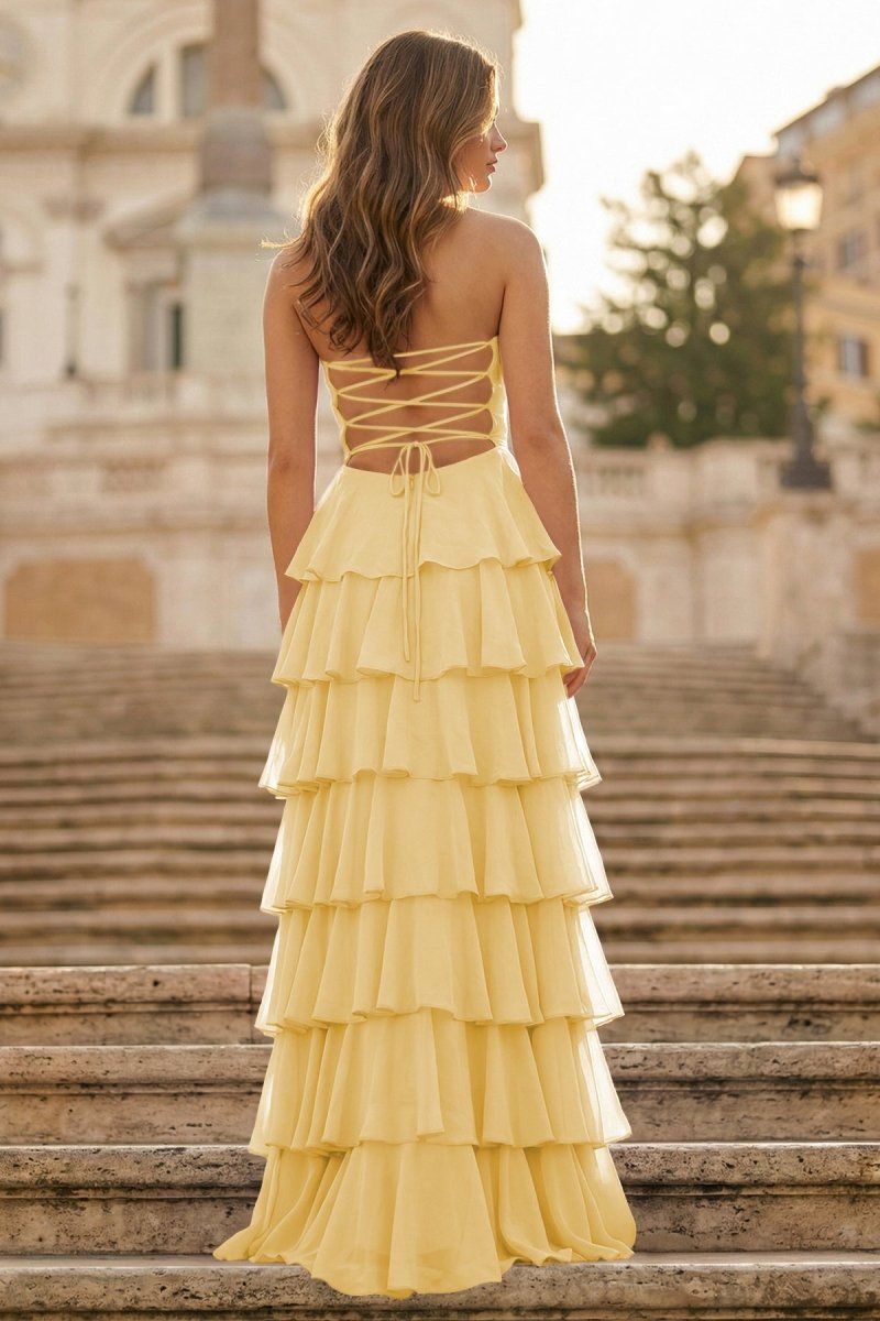 Purple Strapless A Line Chiffon Long Prom Dress With Ruffles