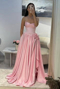 Pink Strapless Satin Beaded A Line Prom Dresses With Slit