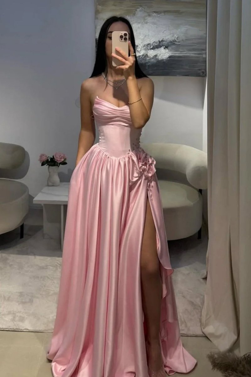 Pink Strapless Satin Beaded A Line Prom Dresses With Slit