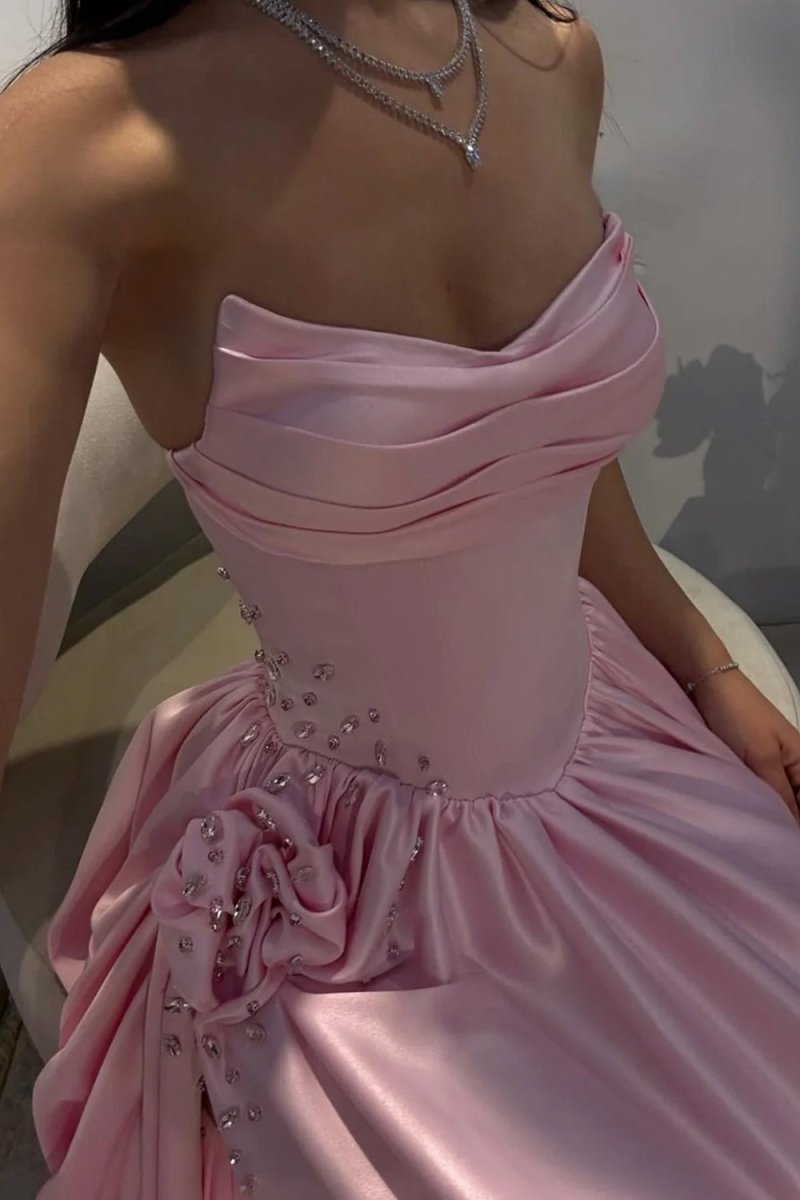 Pink Strapless Satin Beaded A Line Prom Dresses With Slit