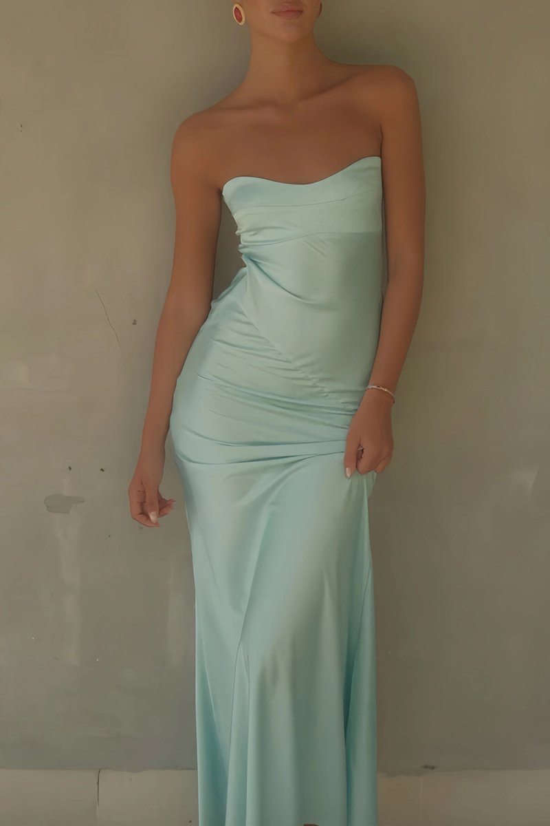 Lavender Strapless Sheath Satin Open Back Long Prom Dresses
