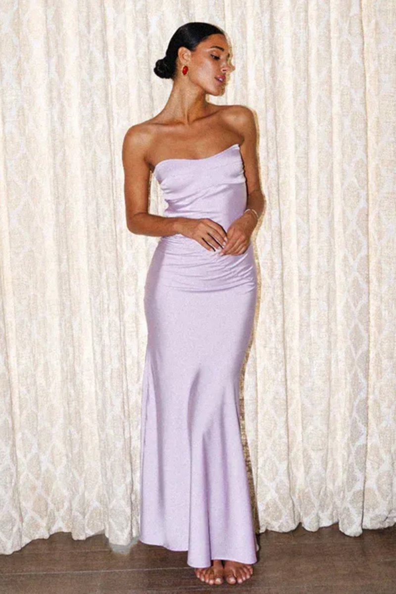 Lavender Strapless Sheath Satin Open Back Long Prom Dresses