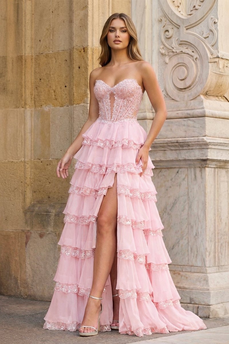 Sky Blue Sweetheart A Line Sequined Lace Ruffled Long Prom Dresses With Appliques